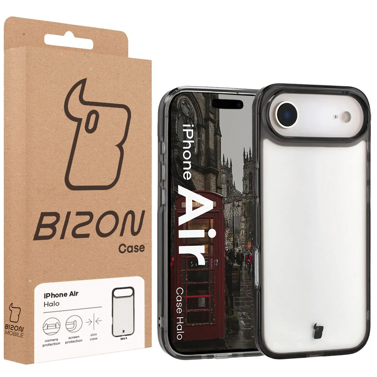 Przód pudełka Bizon Case z dedykowaną etykietą do Apple iPhone Air